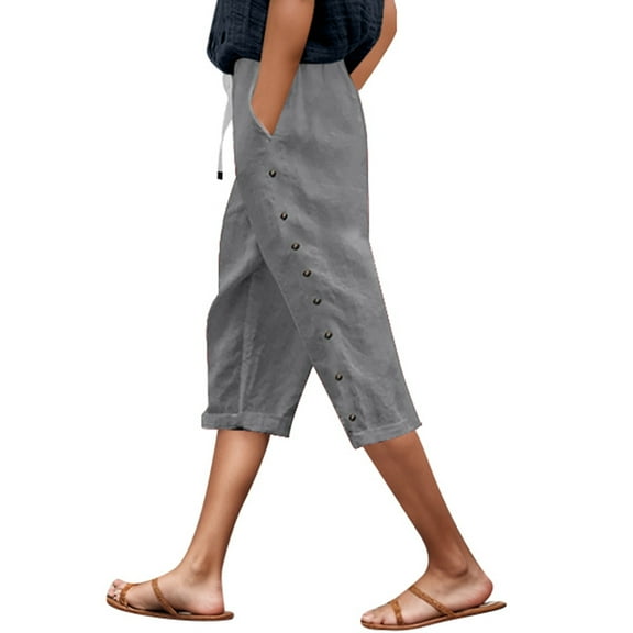 Dpytoraw Women's Summer Lightweight Linen Solid Tie Waist Side Button Pocket Capri Pants Comfortable High Waisted Casual Cropped Pants For Women Moisture Wicking Casual Pants Women Light Gray M