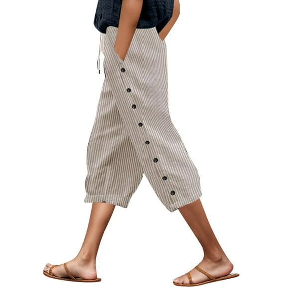 Dpytoraw Women's Summer Lightweight Linen Striped Tie Waist Side Button Pocket Capri Pants Comfortable High Waisted Casual Cropped Pants For Women Petite Length Casual Pants Women Yellow L