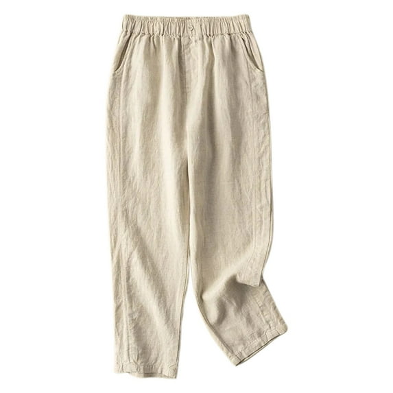 Dpytoraw Women's Summer Solid Color Pocket Loose Elastic Haren Versatile Casual Pants Pull-On Casual Pants Women Beige XXL