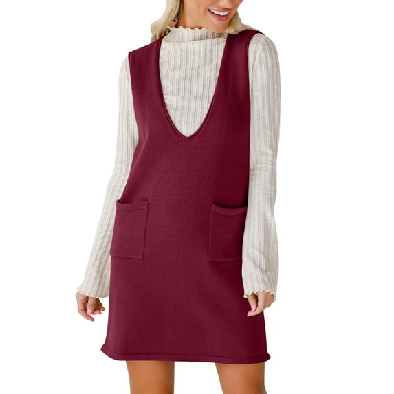 Dpytoraw Women’s Sweater Vest Dress V Neck Sleeveless Knit Pullover Pinafore Mini Dress With Pockets Women’s Short Sleeve Sundress with Pockets