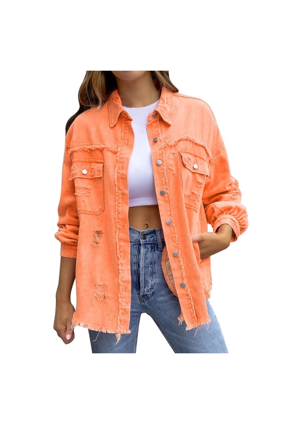 Women's Trendy Ripped Oversized Denim Jacket Casual Long Boyfriend Distressed Denim Jacket
