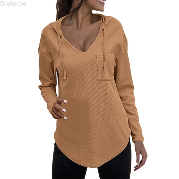 Dpytoraw Women's V Neck Hoodie, Plaid Print Drawstring Pullover with Pocket Yellow XL