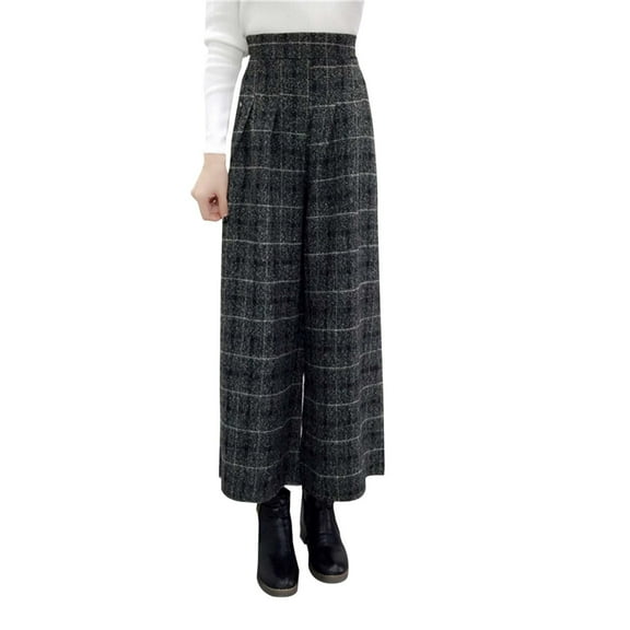 Dpytoraw Women's Winter Plaid Wool Blend Wide Leg Pants Casual 3/4 Length Trousers For Comfortable Style Lightweight Casual Pants Women Dark Gray L