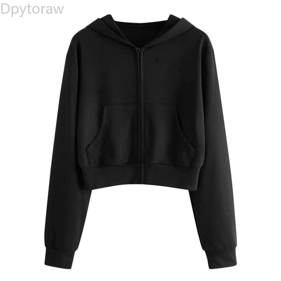 Dpytoraw Women's Zip Up Hoodie, Solid Casual Jacket with Pockets for Casual Black L