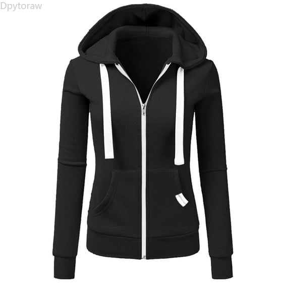 Dpytoraw Women's Zip Up Hoodie, Solid Color Long Sleeve Jacket with Pockets Black XXL