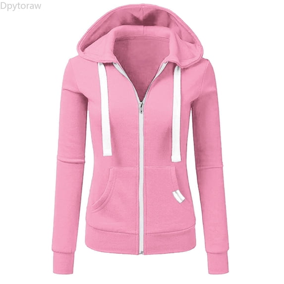 Dpytoraw Women's Zip Up Hoodie, Solid Color Long Sleeve Jacket with Pockets Red S