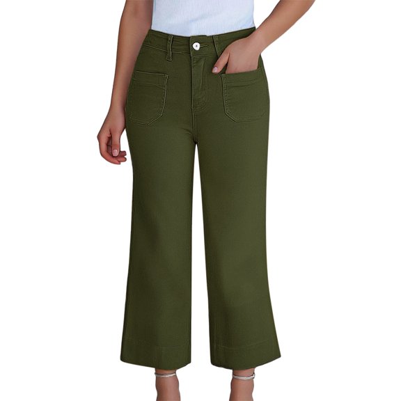 Dpytoraw Womens Cropped Wide Leg Pants High Waisted Stretchy Flare Pants Casual Baggy Trousers Petite Length Casual Pants Women Green L