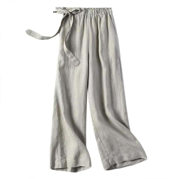 Dpytoraw Womens Linen Pants Casual Loose Wide Leg Pants Elastic Waist Palazzo Pants Trousers With Pockets Women's Linen Casual Pants Grey L