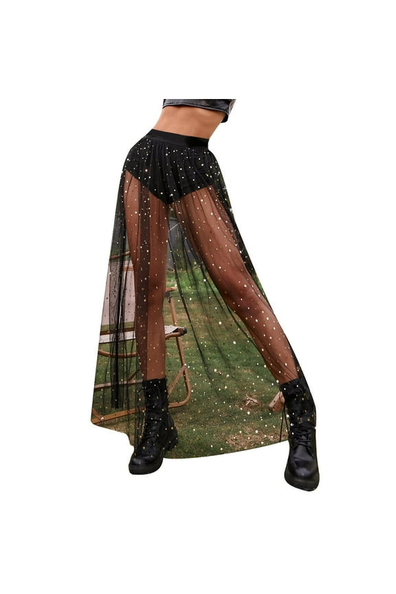Womens Sheer Mesh High Waist Galaxy Print A Line Maxi Skirt Underskirt Black S