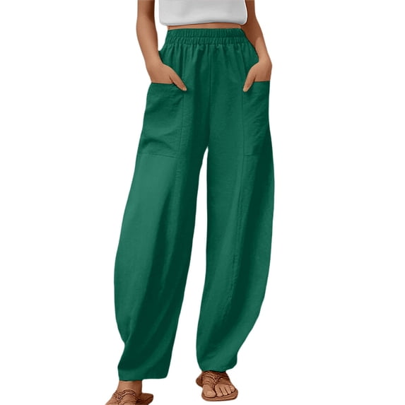 Dpytoraw Womens Solid Color Casual Pants Trousers Elastic Waist Pockets Wide Leg Trousers High Waisted Linen Casual Pants For Women GN2 M