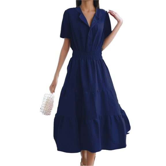 Dpytoraw Womens Summer 2025 Casual Midi Maxi Dresses Lightweight Short Sleeve V Neck Elastic Waist Boho Beach Dress Pockets Mini Dresses for Women