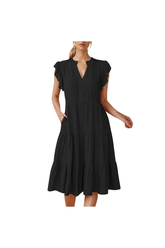 Womens Summer Ruffle Sleeve V Neck Midi Dress 2025 Fashion Casual Fit Flowy Tiered Boho Beach Vacation Maxi Dresses for Women