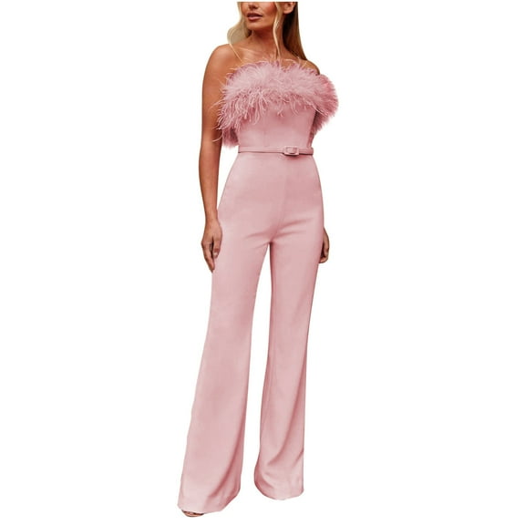 Dqueduo Jumpsuits for Women Fashion Bib Pants Overalls Baggy Rompers Women's Loose Chest Hair Wrapped Wool Collar Belt Fitted Dress Pants Jumpsuit Overalls Women