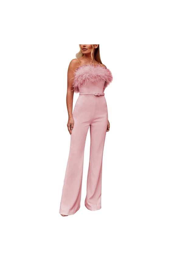 Jumpsuits for Women Fashion Bib Pants Overalls Baggy Rompers Women's Loose Chest Hair Wrapped Wool Collar Belt Fitted Dress Pants Jumpsuit Overalls Women