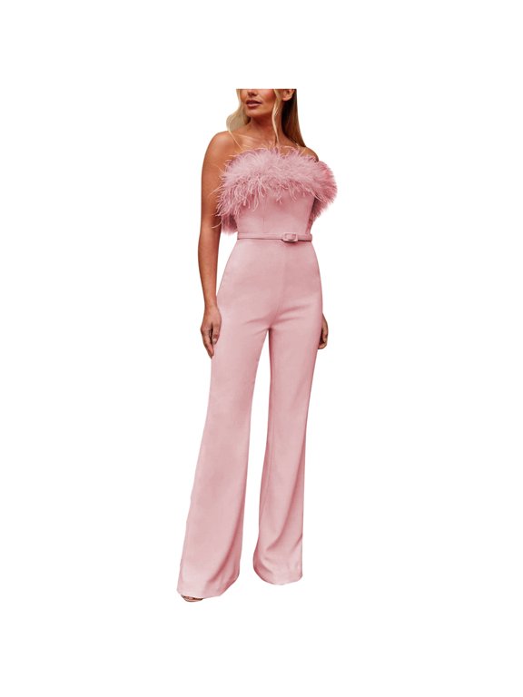 Jumpsuits for Women Fashion Bib Pants Overalls Baggy Rompers Women's Loose Chest Hair Wrapped Wool Collar Belt Fitted Dress Pants Jumpsuit Overalls Women