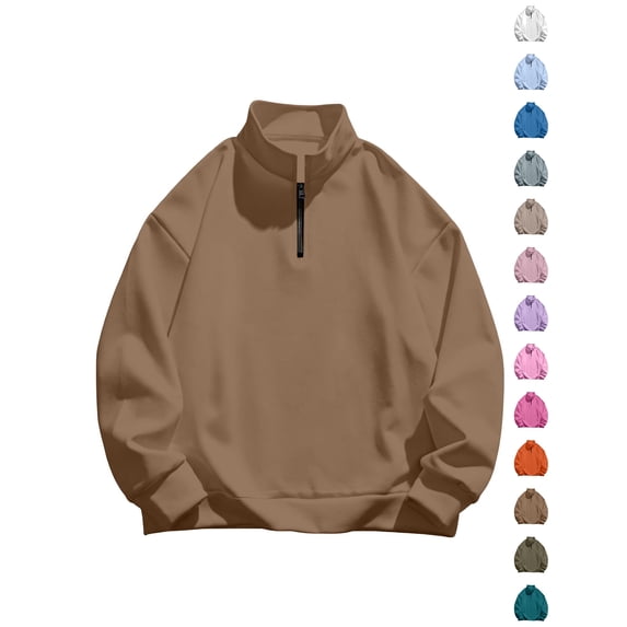 Dqueduo Men's Fashion Sweatshirt, Solid Long Sleeve Turndown Collar Casual Zipper Top Sweatshirt, Regular Length Men's Sweatshirt
