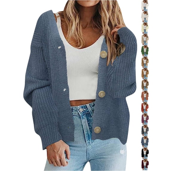 Dqueduo Women's Casual Button Sweater, V-neck Long Sleeve Tops, Solid Color for Fall Winter