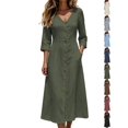 thumbnail image 1 of Dqueduo Women's Casual Dress, Solid Color V-Neck Three-Quarter Sleeve Loose Fit Dress with Pockets, 1 of 8