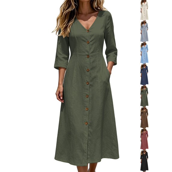 Dqueduo Women's Casual Dress, Solid Color V-Neck Three-Quarter Sleeve Loose Fit Dress with Pockets
