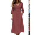 thumbnail image 1 of Dqueduo Women's Casual Dress, Solid Color V-Neck Three-Quarter Sleeve Loose Fit Dress with Pockets, 1 of 8