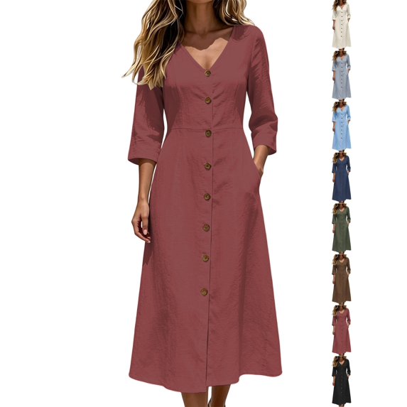 Dqueduo Women's Casual Dress, Solid Color V-Neck Three-Quarter Sleeve Loose Fit Dress with Pockets