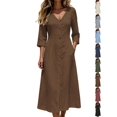 thumbnail image 1 of Dqueduo Women's Casual Dress, Solid Color V-Neck Three-Quarter Sleeve Loose Fit Dress with Pockets, 1 of 8