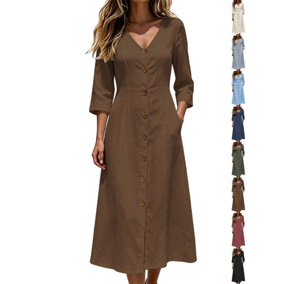 Dqueduo Women's Casual Dress, Solid Color V-Neck Three-Quarter Sleeve Loose Fit Dress with Pockets