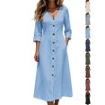 thumbnail image 1 of Dqueduo Women's Casual Dress, Solid Color V-Neck Three-Quarter Sleeve Loose Fit Dress with Pockets, 1 of 8