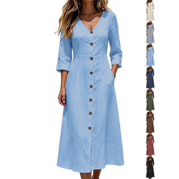 Dqueduo Women's Casual Dress, Solid Color V-Neck Three-Quarter Sleeve Loose Fit Dress with Pockets