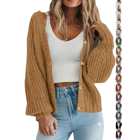 Dqueduo Women's Casual Sweaters, Solid Long Sleeve Button , Loose Fit Knit Sweaters for Winter