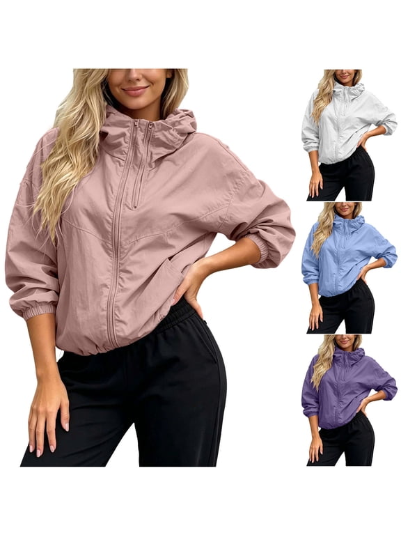 Women's Casual Windbreaker Jacket, Solid Color Half Zip Cropped Hooded Long Sleeve Jacket with Pockets, Loose Fit Lightweight Outerwear for Everyday Wear