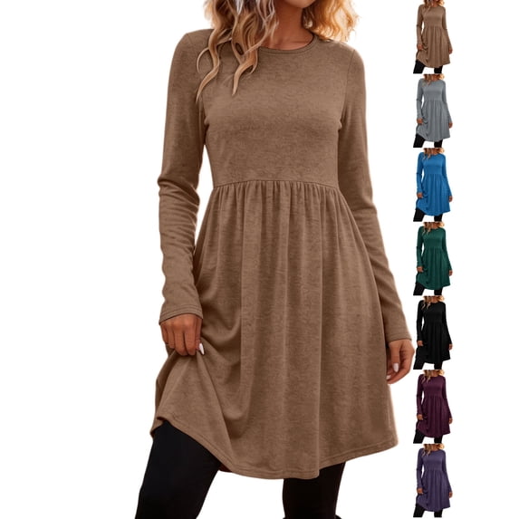 Dqueduo Women's Solid Casual Dresses, Crew Neck Long Sleeve Dress with Pockets, Loose A-Line Empire Waist Winter Dress