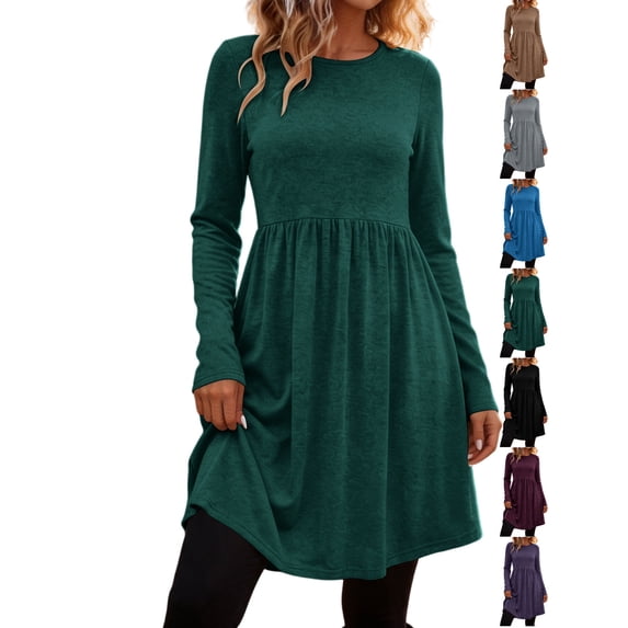 Dqueduo Women's Solid Casual Dresses, Crew Neck Long Sleeve Dress with Pockets, Loose A-Line Empire Waist Winter Dress
