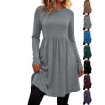 thumbnail image 1 of Dqueduo Women's Solid Casual Dresses, Crew Neck Long Sleeve Dress with Pockets, Loose A-Line Empire Waist Winter Dress, 1 of 8