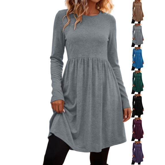 Dqueduo Women's Solid Casual Dresses, Crew Neck Long Sleeve Dress with Pockets, Loose A-Line Empire Waist Winter Dress