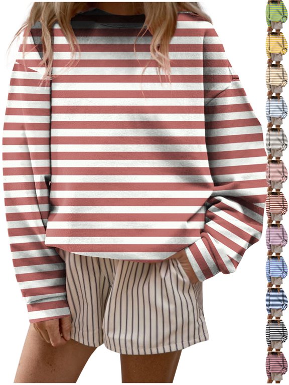 Women's Varsity Striped Sweatshirt Oversized Lightweight Knit Pullover Drop Shoulder Crew Neck, Long Sleeve Casual Top for Game Day, College Outfits and Everyday Wear Fall