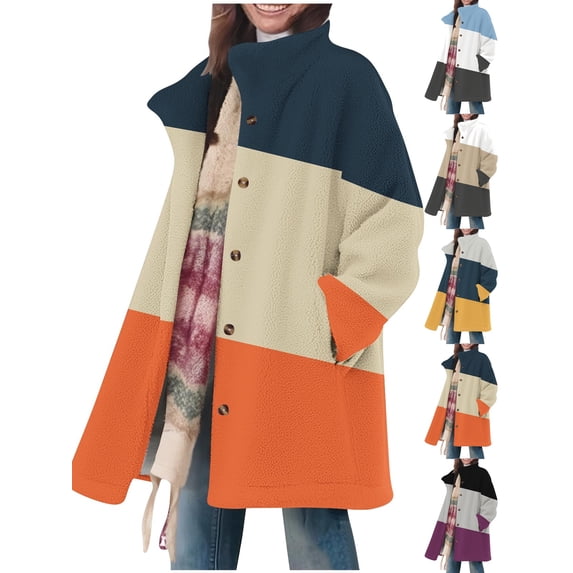 Dqueduo Women's Winter Casual Jacket, Printed Loose Collar Button Long Sleeve Coat, Warm Daily Comfortable Outerwear