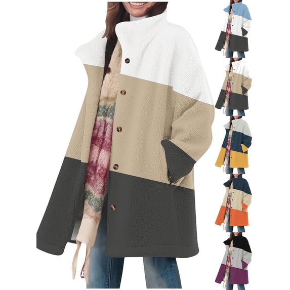 Dqueduo Women's Winter Casual Jacket, Printed Loose Collar Button Long Sleeve Coat, Warm Daily Comfortable Outerwear