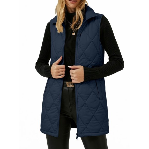 Dqueduo Women's Winter Solid ColorVest With Zippered Lining And Pockets Navy