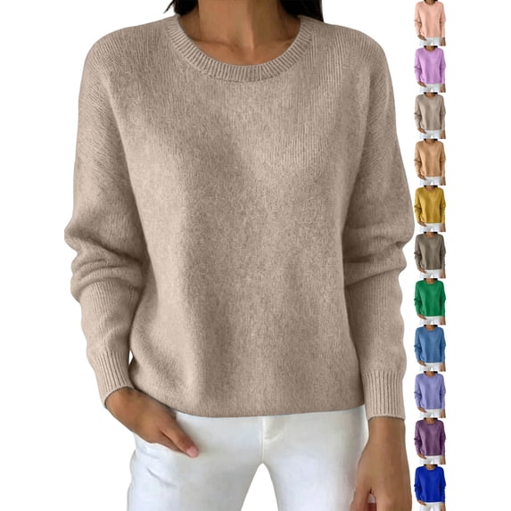 Dqueduo Women's Winter Sweaters, Solid Color Crew Neck Long Sleeve Pullover Top, Casual Warm Straight Knit Sweater