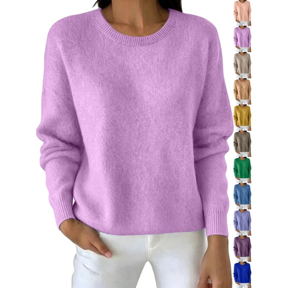 Dqueduo Women's Winter Sweaters, Solid Color Crew Neck Long Sleeve Pullover Top, Casual Warm Straight Knit Sweater