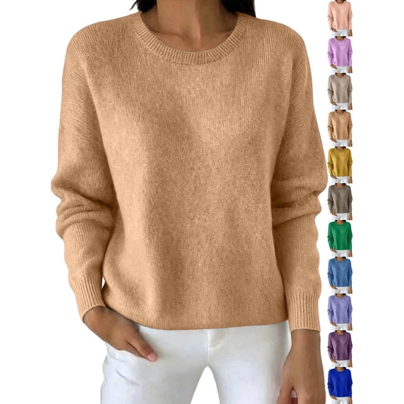Dqueduo Women's Winter Sweaters, Solid Color Crew Neck Long Sleeve Pullover Top, Casual Warm Straight Knit Sweater