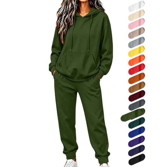 Dqueduo Women's Winter Sweatshirt and Pants Set, Solid Color Hooded Sweatshirt with Drawstring Pockets, Casual Fashion Cuffed Pants Set