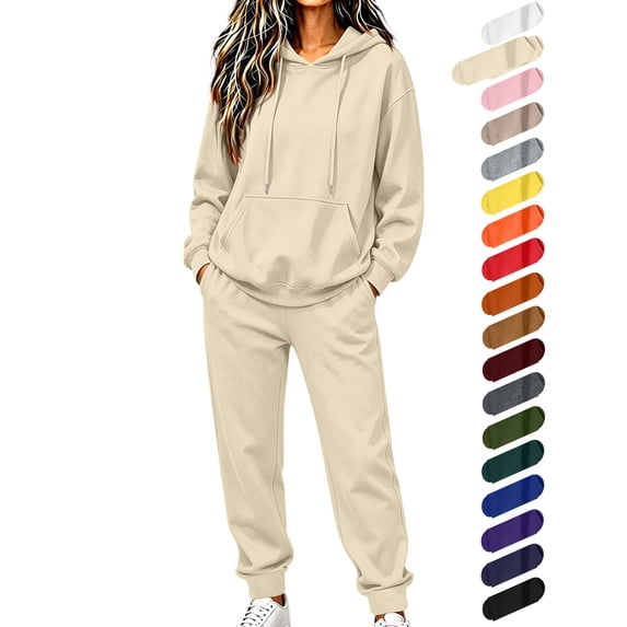 Dqueduo Women's Winter Sweatshirt and Pants Set, Solid Color Hooded Sweatshirt with Drawstring Pockets, Casual Fashion Cuffed Pants Set