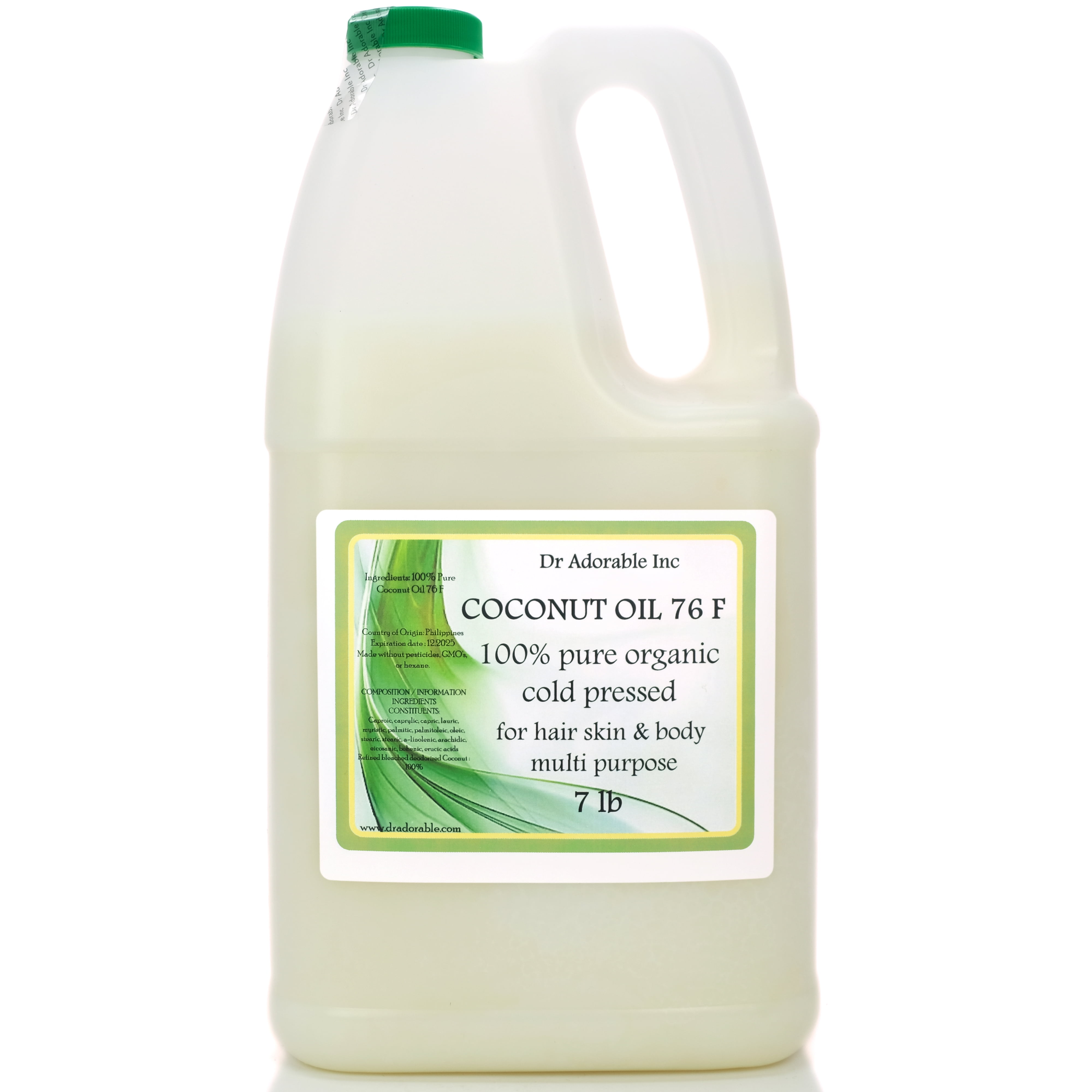 Dr Adorable - 7 lb - Coconut 76 F Oil - 100% Pure Organic Cold Pressed Refined Moisturizing Oil For Face Skin Hair