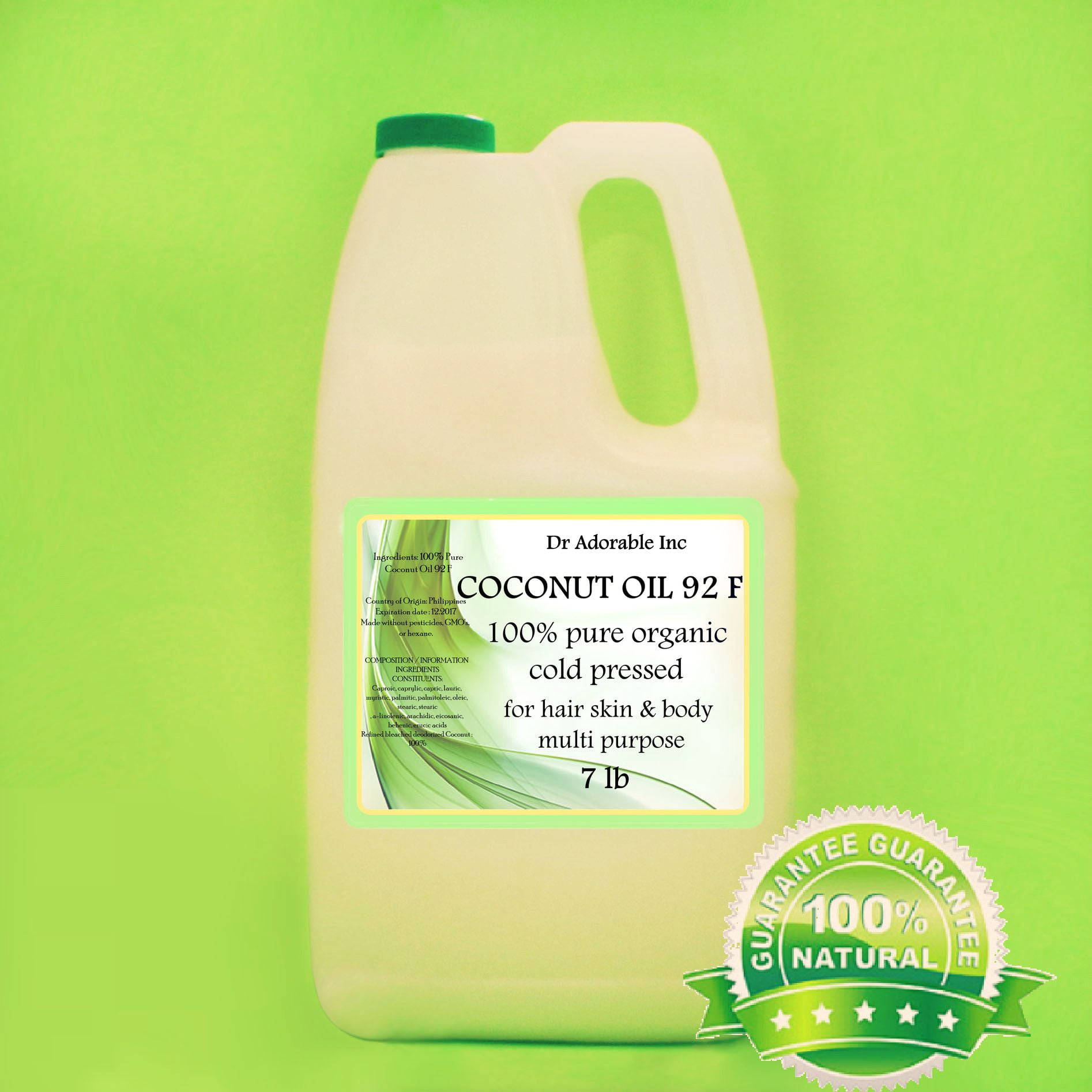 Dr Adorable - 7 lb - Coconut 92 F Oil - 100% Pure Organic Cold Pressed Refined Moisturizing Oil For Face Skin Hair