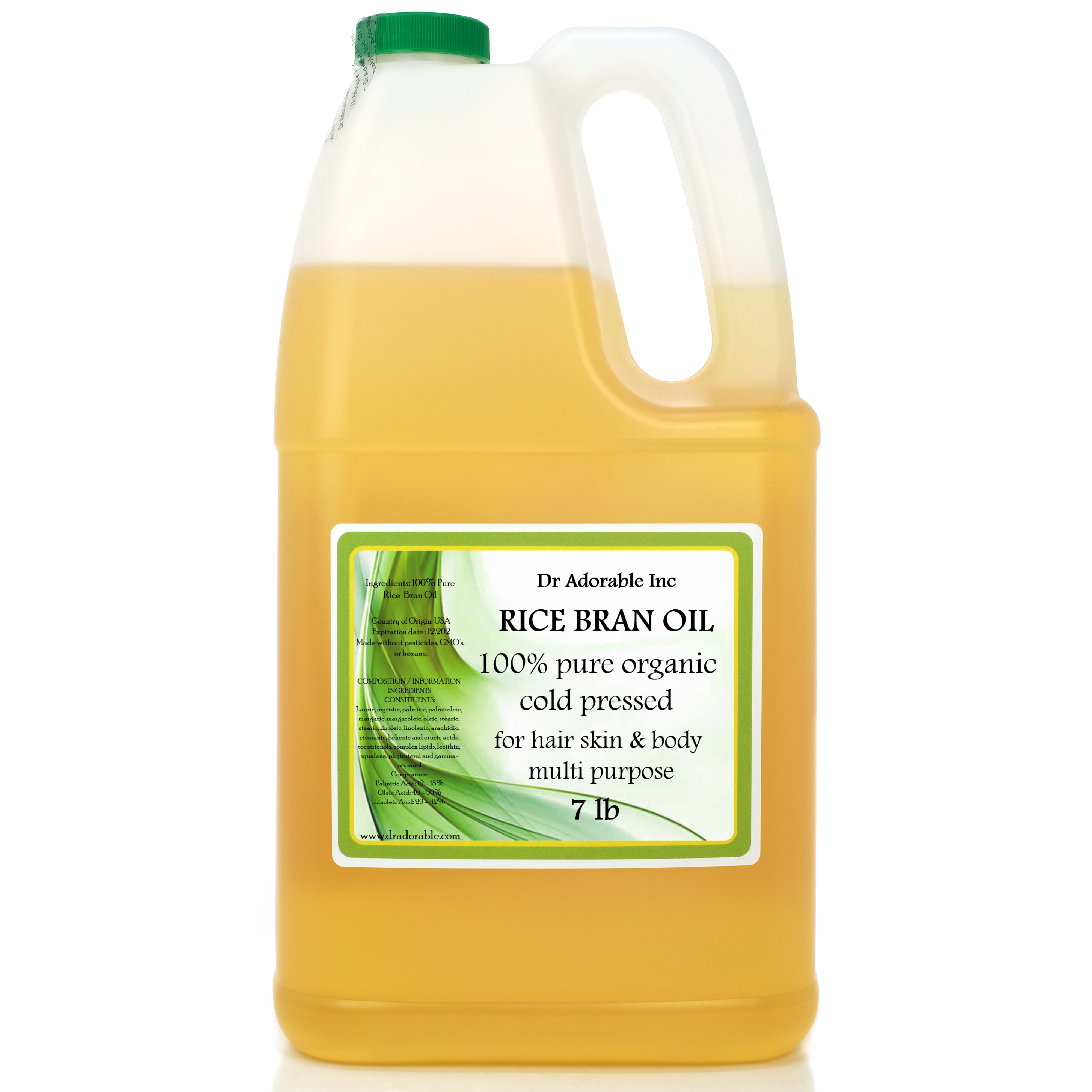 Dr Adorable - 7 lb - Rice Bran Oil - 100% Pure Organic Cold Pressed Moisturizing Oil For Face Skin Hair