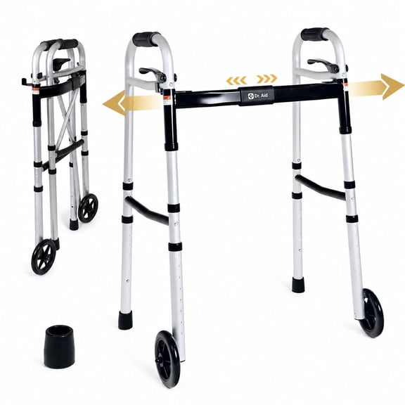 Dr. Aid Folding Walker with Wheels, Adjustable Height, 320 lb Capacity, Gray