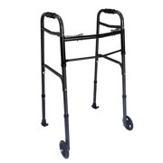 Dr. Aid Premium 2 Button Folding Walker with Wheels - Lightweight Walkers for Seniors - Front Wheel Rolling Walker - Durable Aluminum Frame, Adjustable Height, Supports Up to 320lbs - Carbon Black
