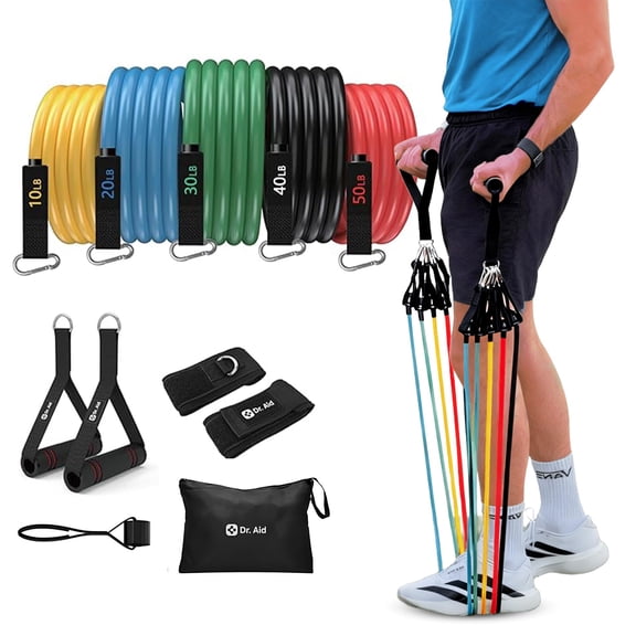 Dr. Aid Resistance Bands Set  5 Stackable Workout Bands with Handles, Pure Latex, High Elasticity & Tear Resistant  Smell-Free Full-Body Exercise Bands for Rehab, Basic Training & Strength Workouts
